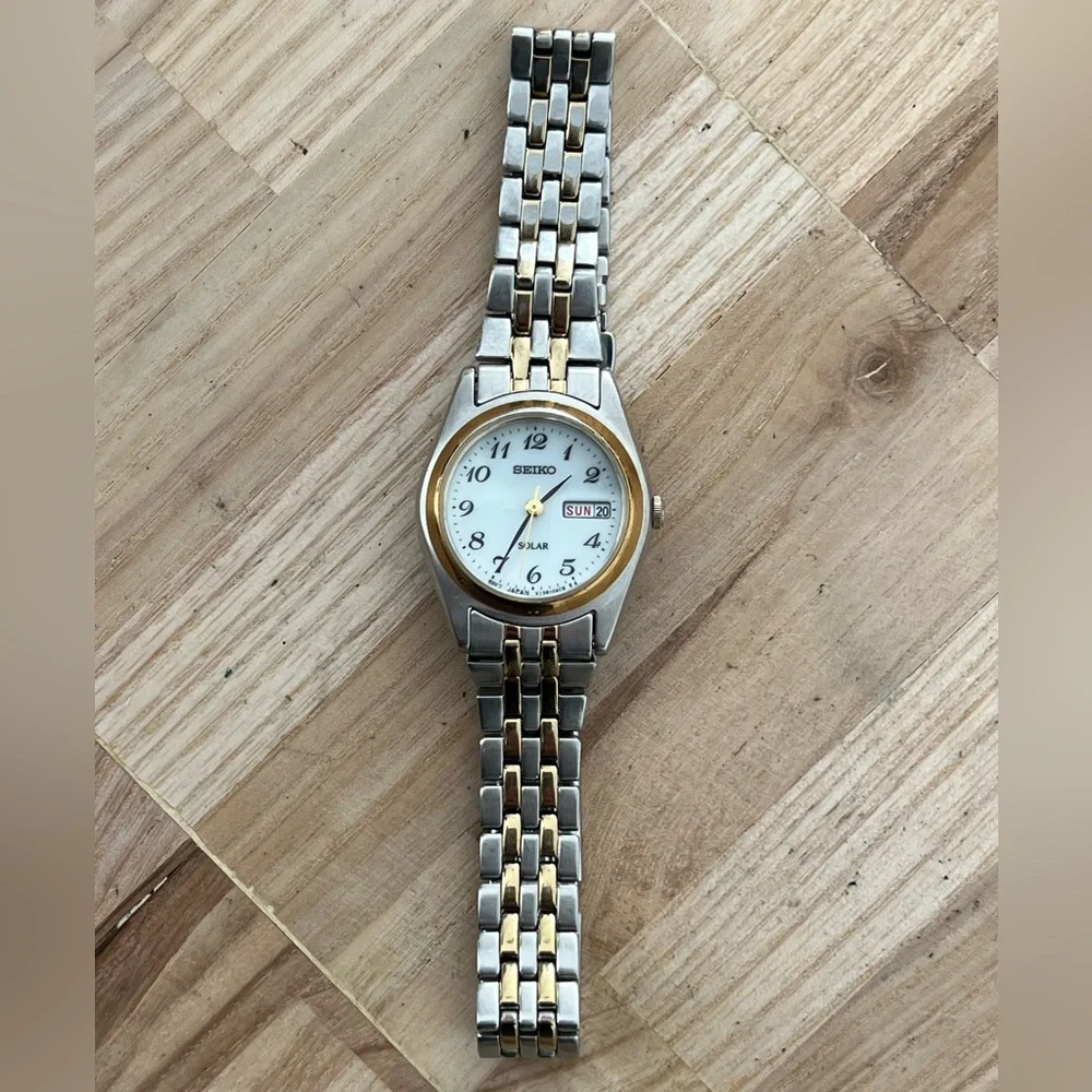 Seiko Solar Ladies Watch Two-Tone Bracelet White Dial Date Window New Crystal